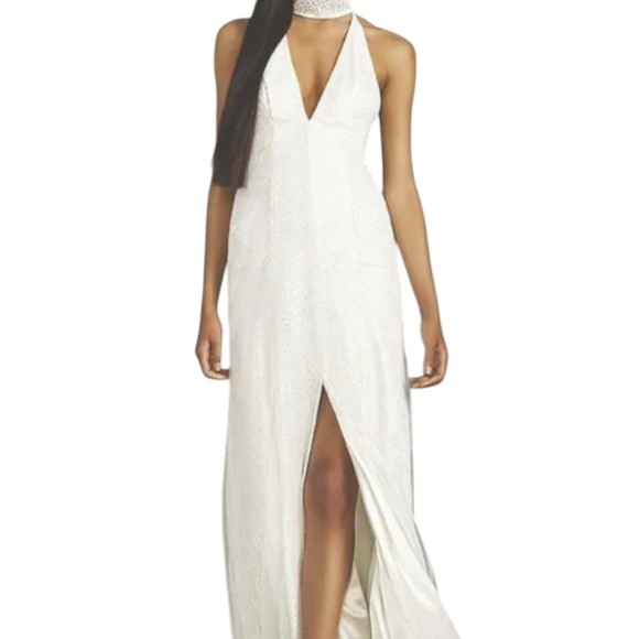 Vera Wang Sexy Elegant White High Slit Sequin Gown With Plunging Choker Neck - Picture 2 of 16